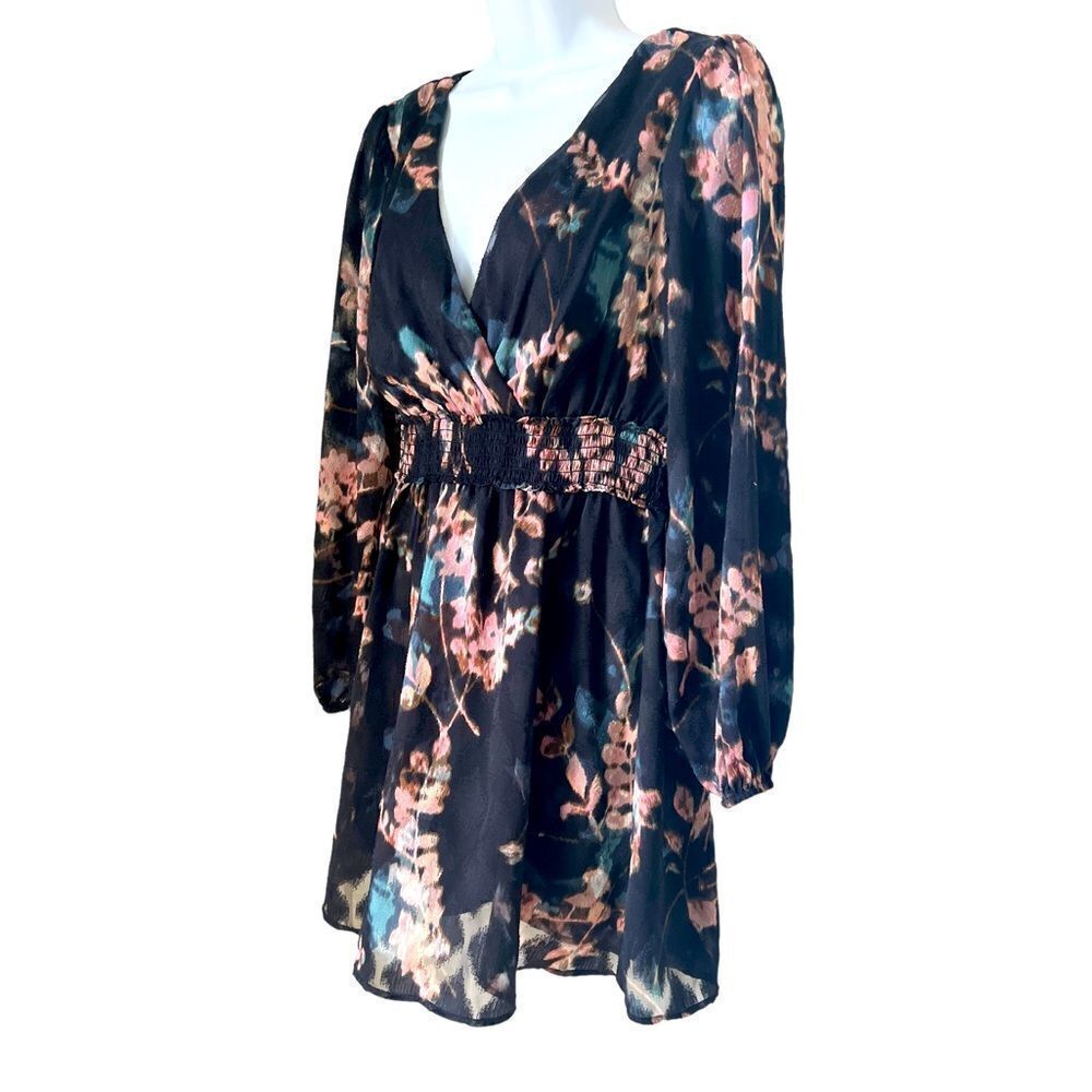 Willow & Clay Black Floral Smocked Ruffle Long Sleeve Spring Dress sz S